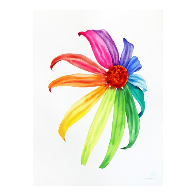 Rainbowland Coneflower - Original Abstract Floral Watercolor Art by Xiao Wen Xu For Sale