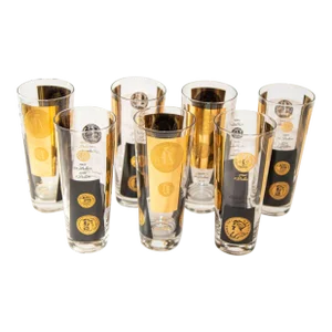 1960s Gold Printed Presidential Coins Highball Glasses Barware Set of 7 by Cera