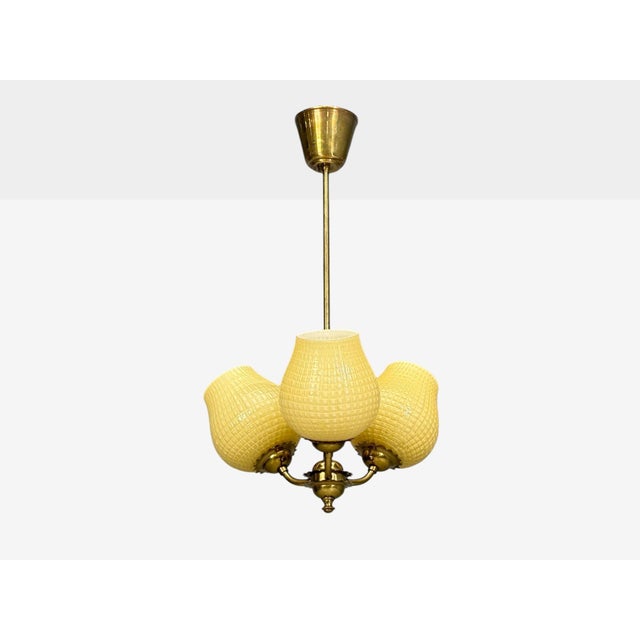 1940s Swedish Modern, Pendant Light, Brass, Textured Glass For Sale - Image 4 of 12