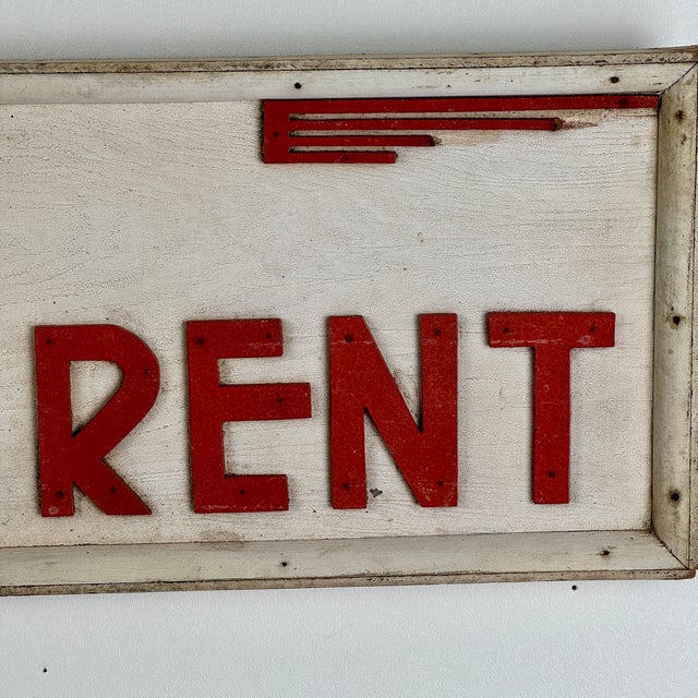 Vintage Art Deco Period Wood "For Rent" Sign in Bright Red Lettering and Design Motif For Sale In New York - Image 6 of 8