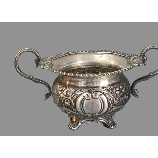 Metal Antique Victorian English Ornate Floral Plated Silver on Copper Creamer Sugar Bowl Set- 2 Pieces For Sale - Image 7 of 10