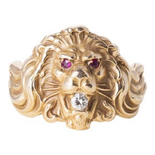 Vintage 14k Gold Roaring Lion Head Diamond Statement Ring, Size 9.75 For Sale