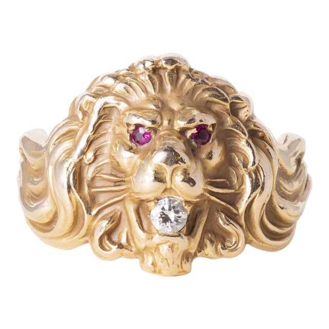 Vintage 14k Gold Roaring Lion Head Diamond Statement Ring, Size 9.75 For Sale
