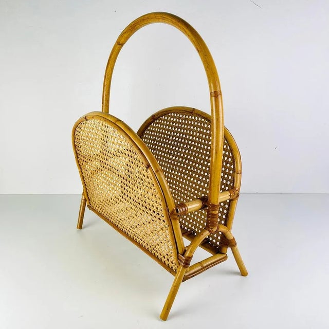 White Vintage Bamboo and Vienna Straw Magazine Rack, 1960s For Sale - Image 8 of 11