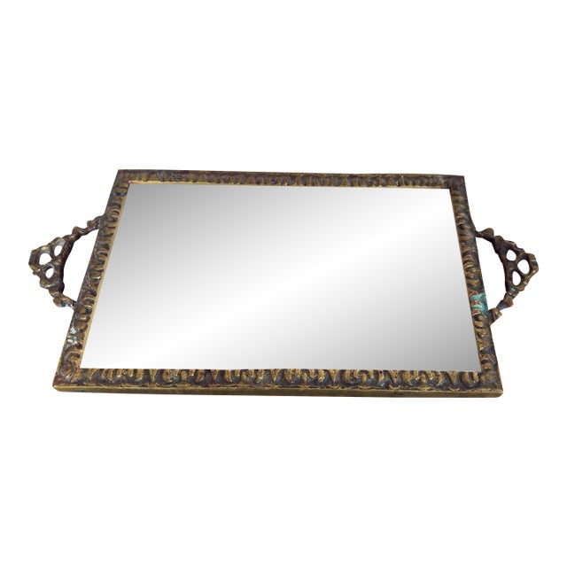 Vintage 1950s Baroque Mirrored Vanity Brass Tray (Denmark) For Sale