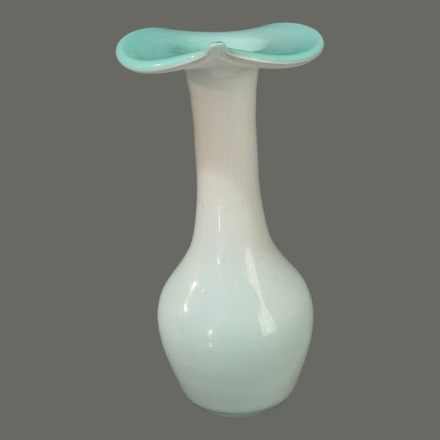 Vintage Hand Blown Art Glass Aqua Blue & White Jack-in-the-Pulpit Bud Vase For Sale - Image 4 of 8