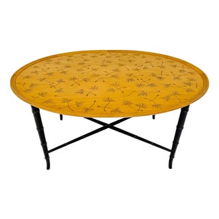 Vintage Mid-Century Modern Oval Cocktail Table With Dandelion Motif on Lacquered Faux Bamboo Base by Kittinger For Sale