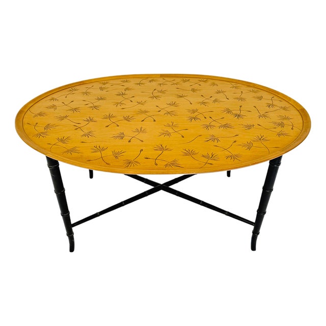 Vintage Mid-Century Modern Oval Cocktail Table With Dandelion Motif on Lacquered Faux Bamboo Base by Kittinger For Sale