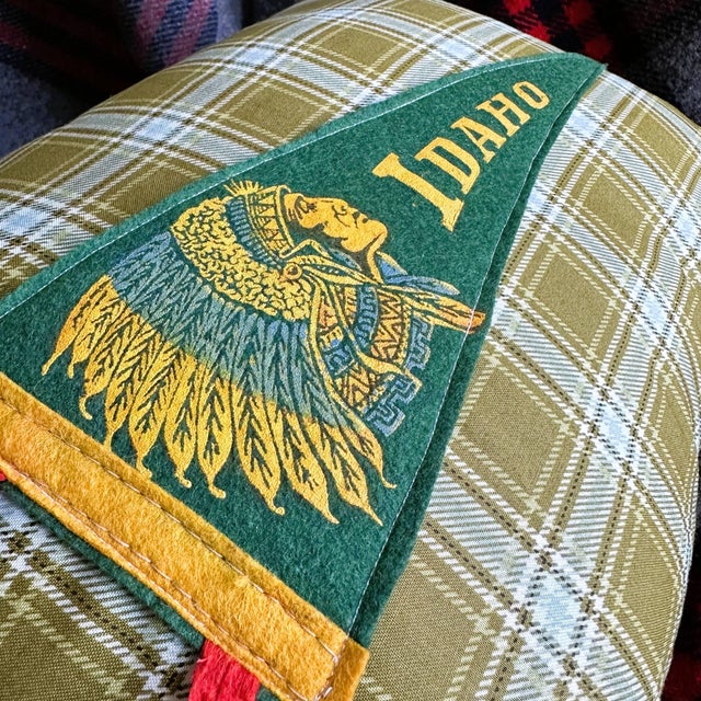 Description: Vintage Idaho Native American Felt Pennant from around the 1960s, unknown date. Sewn with new green and blue...