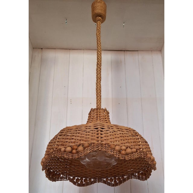 Vintage Ceiling Lamp with Wicker Shade and Inner Relief Glass Shade on Rope Mount, 1970s For Sale - Image 6 of 8