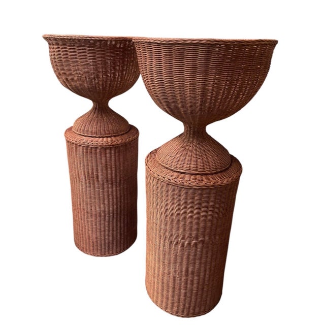 Boho Chic Pair of Vintage Woven Wicker Urn Planters on Cylindrical Pedestals For Sale - Image 3 of 12