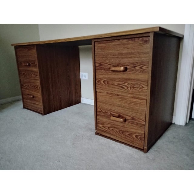 1980s Desk - 2 File Cabinets + Desktop Walnut Wood Portable 3 Pc Retro Wooden Desk Euc For Sale - Image 5 of 13