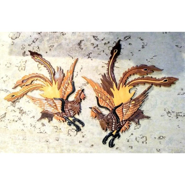 Wood Vintage Mid Century Modern Handmade Custom Tri Colored Carved Wood Fighting Roosters Cocks - a Pair For Sale - Image 7 of 7