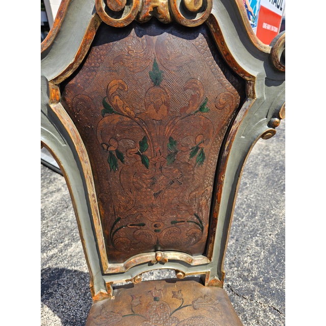 Italian Set of Late 20th Century 3 Italian Baroque Revival Hand-Painted & Tooled Leather Side Chairs For Sale - Image 3 of 7