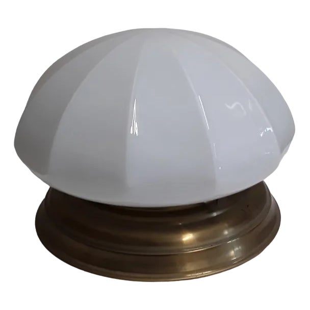 Flat Vintage Ceiling Lamp with Profiled Brass Mount & Segmented Opaque White Glass Screen, 1980s For Sale