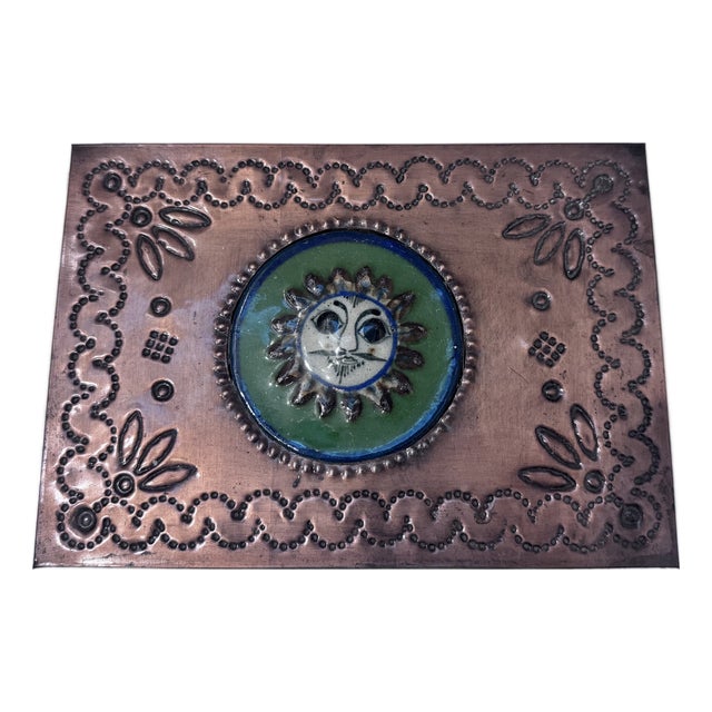 Mid 20th Century Mexican Copper and Enamel Sun Lion Trinket Box For Sale