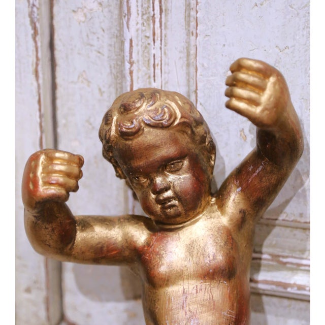 Italian Pair of 19th Century Italian Giltwood Wall-Hanging Cherub Sculptures For Sale - Image 3 of 7