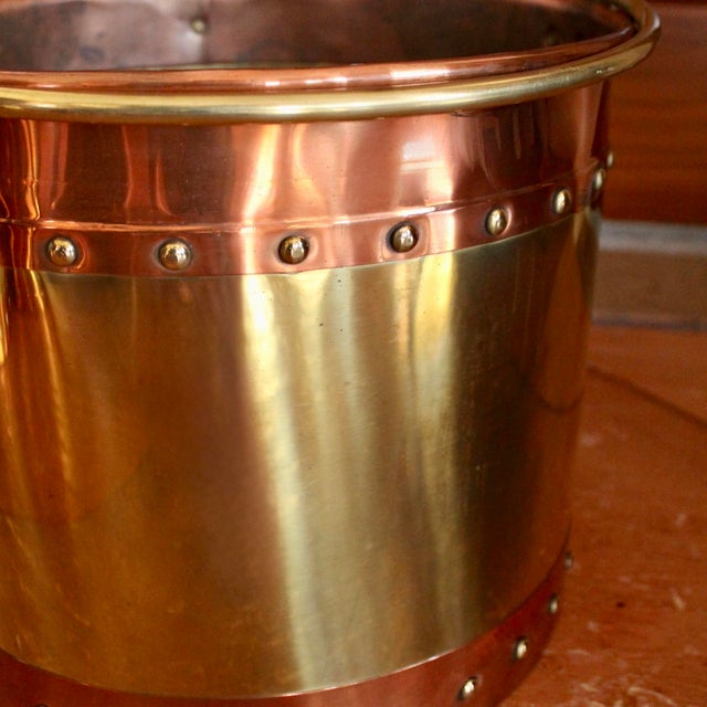 Metal Large Copper and Brass Studded Kindling Bucket For Sale - Image 7 of 10
