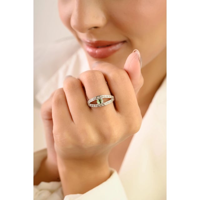 0.5 Ct Green Tourmaline Solitaire Engagement Ring With Diamond in 925 Sterling Silver - Size 6 For Sale - Image 4 of 9