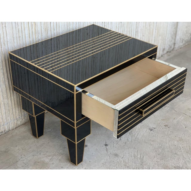 Metal New Pair of Mirrored Low Nightstand in Black Mirror and Chrome with Drawer For Sale - Image 7 of 18