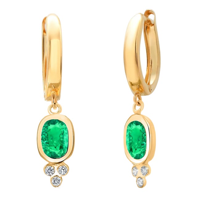 14k Yellow Gold Oval Emerald and Diamond Drop Earrings With European Lever Backs, A Pair For Sale