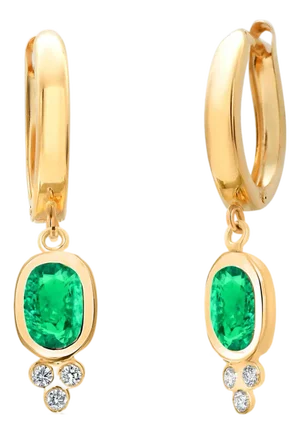 14k Yellow Gold Oval Emerald and Diamond Drop Earrings With European Lever Backs, A Pair