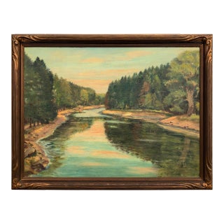 Mid 20th Century River Painting With Hand Carved Gold Frame For Sale