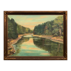 Mid 20th Century River Painting With Hand Carved Gold Frame