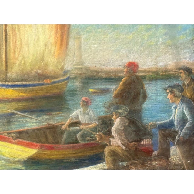 Early 20th-Century Harbor Maritime Pastel Drawing Under Glass Offered for sale is an early twentieth-century maritime...