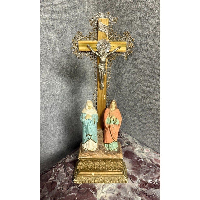 Antique Wood, Gilded Brass and Terracotta Crucifix,1800s For Sale - Image 4 of 11