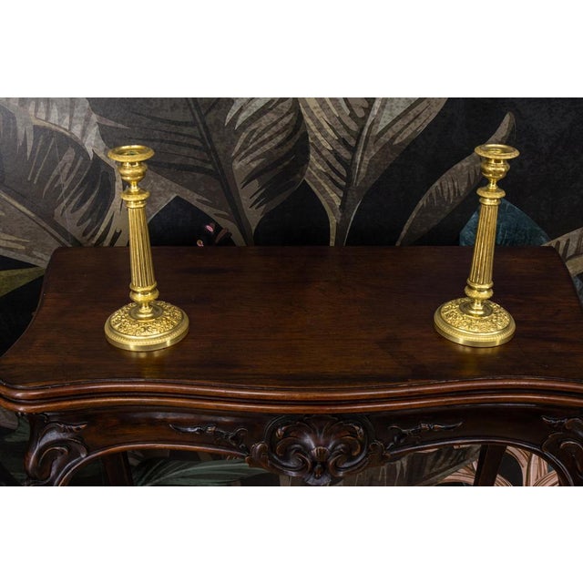 Gold Antique French Brass Candlesticks with Floral Motifs, 1920s, Set of 2 For Sale - Image 8 of 18