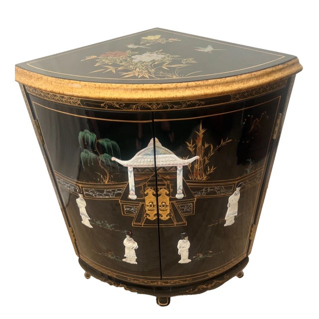 Vintage Chinese Corner Cabinet with double doors and shelf, Chinoiserie Mother of Pearl applique, Hand Painted Birds and...