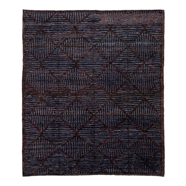 Contemporary Modern Moroccan Style Geometric Wool Area Rug in Deep Espresso For Sale