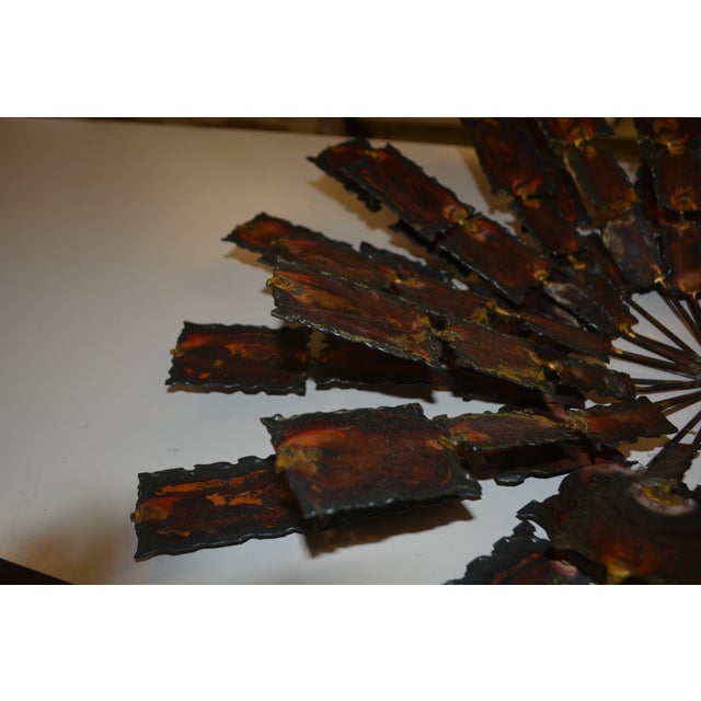 Brutalist Brass / Copper Colored Metal & Iron Jere Style Circular Windmill Wall Hanging Art For Sale - Image 6 of 13