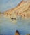 Bright watercolor landscape of a sailboat drifting in a small cove ringed by red rock mountains by artist M. Balesti',...