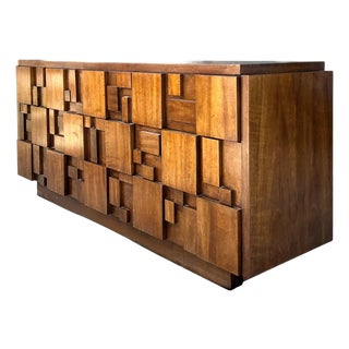 Vintage Lane Brutalist “Mosaics” Geometric Wood Credenza For Sale