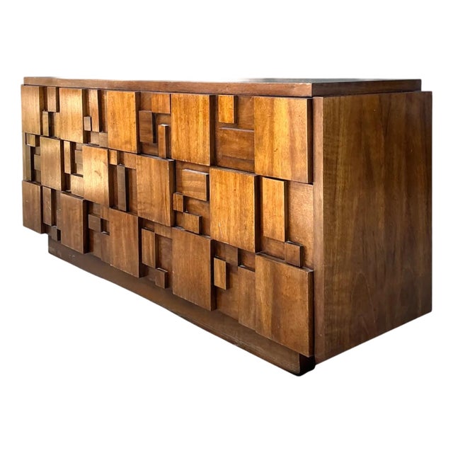 Vintage Lane Brutalist “Mosaics” Geometric Wood Credenza For Sale