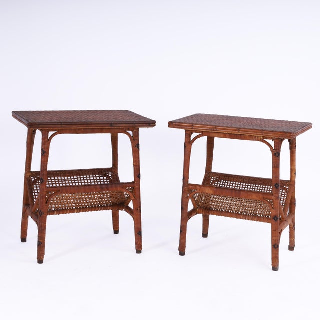 English Vintage Pair of Anglo Indian Rattan Stands With Magazine Racks For Sale - Image 3 of 12