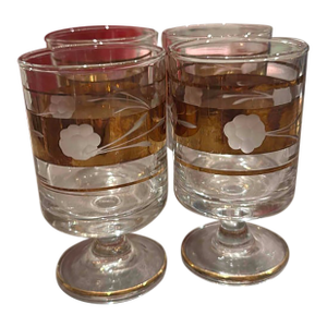 Vintage Etched Floral Cordial Glasses With Delicate Gold Trim – Elegant Hollywood Regency Liqueur Stemware - Set of 4