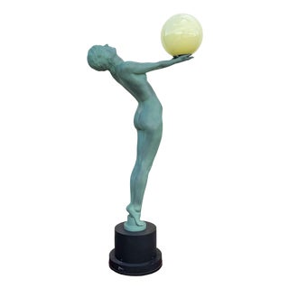 6' Art Deco "Clarte" Biba Nude Green Patina Floor Lamp, Max Le Verrier Style For Sale