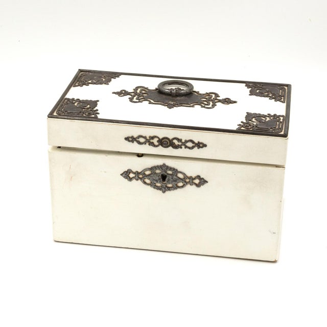 Antique White Elegant Painted English Victorian Period Tea Caddy With Elaborate Metalwork, Circa 1890. For Sale - Image 8 of 12