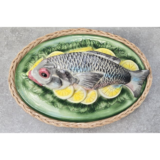 Bring European elegance and whimsical charm to your table with this **Vintage Italian Majolica Fish Tureen Serving Dish...