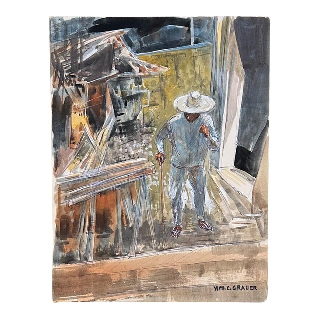 William C Grauer, 1895-1985, Untitled (Mexican Man With a Cane) Ink and Watercolor on Paper 1940s For Sale
