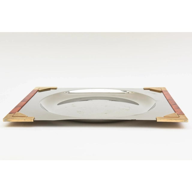 Signed Guy Degrenne French Burled Wood, Gold Plated Brass and Stainless Steel Square Tray For Sale - Image 4 of 11