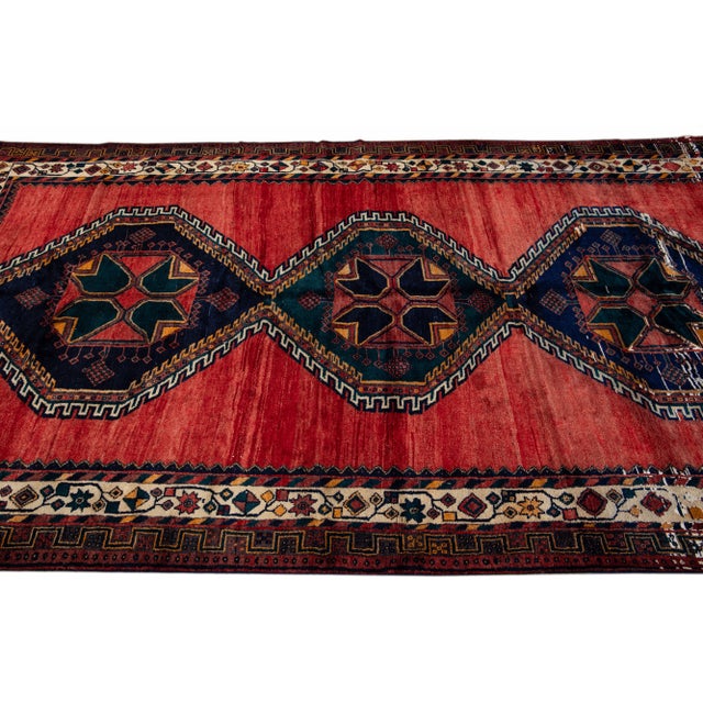 1950s Vintage Handmade Shiraz Red Multi Medallion Wool Rug 5'11" X 10'11" For Sale - Image 5 of 12