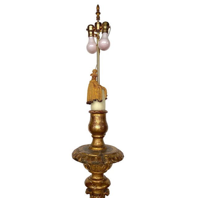 18th Century Large Spanish Baroque Giltwood and Marble Torchiere Two-Light Floor Lamp For Sale - Image 5 of 17