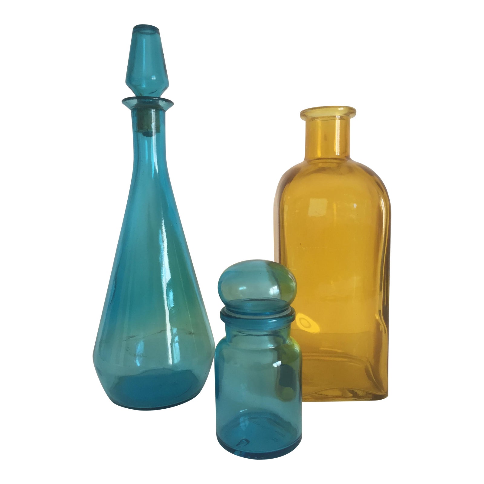 Vintage MidCentury Aqua & Yellow Glass Bottles Set of 3 Chairish