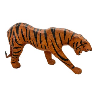 Vintage Leather Sculpted Tiger Table Top Statue Figure - Made in India For Sale
