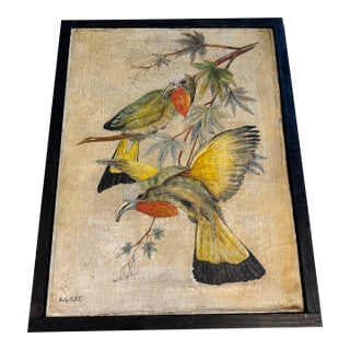 Signed Antique London Tropical Bird Oil Painting on Winsor & Newton Canvas, 22″ × 17″, c.1895–1920 For Sale