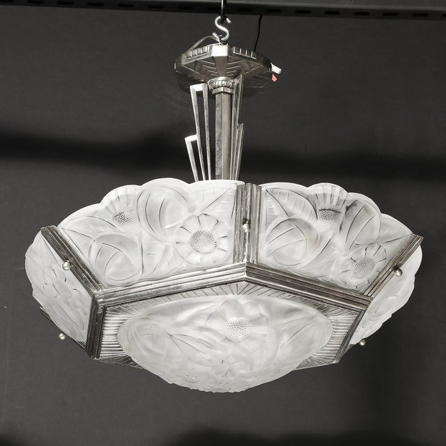 Silver Pair of Art Deco Hexagonal Frosted Glass & Nickeled Bronze Chandeliers by Degue For Sale - Image 8 of 18